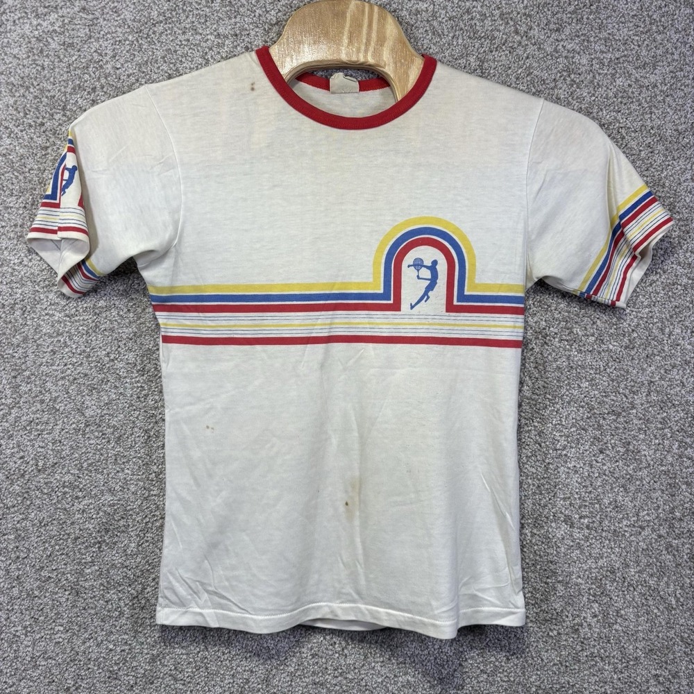 True Vintage 70s Grenadier Tennis Ringer Shirt Mens Medium White Stripe Graphic